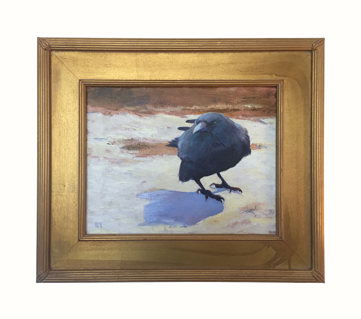 Evelyn-Rhodes----Original-Oil-on-Canvas---Crow-in-Snow-11in-x-13in--NFS